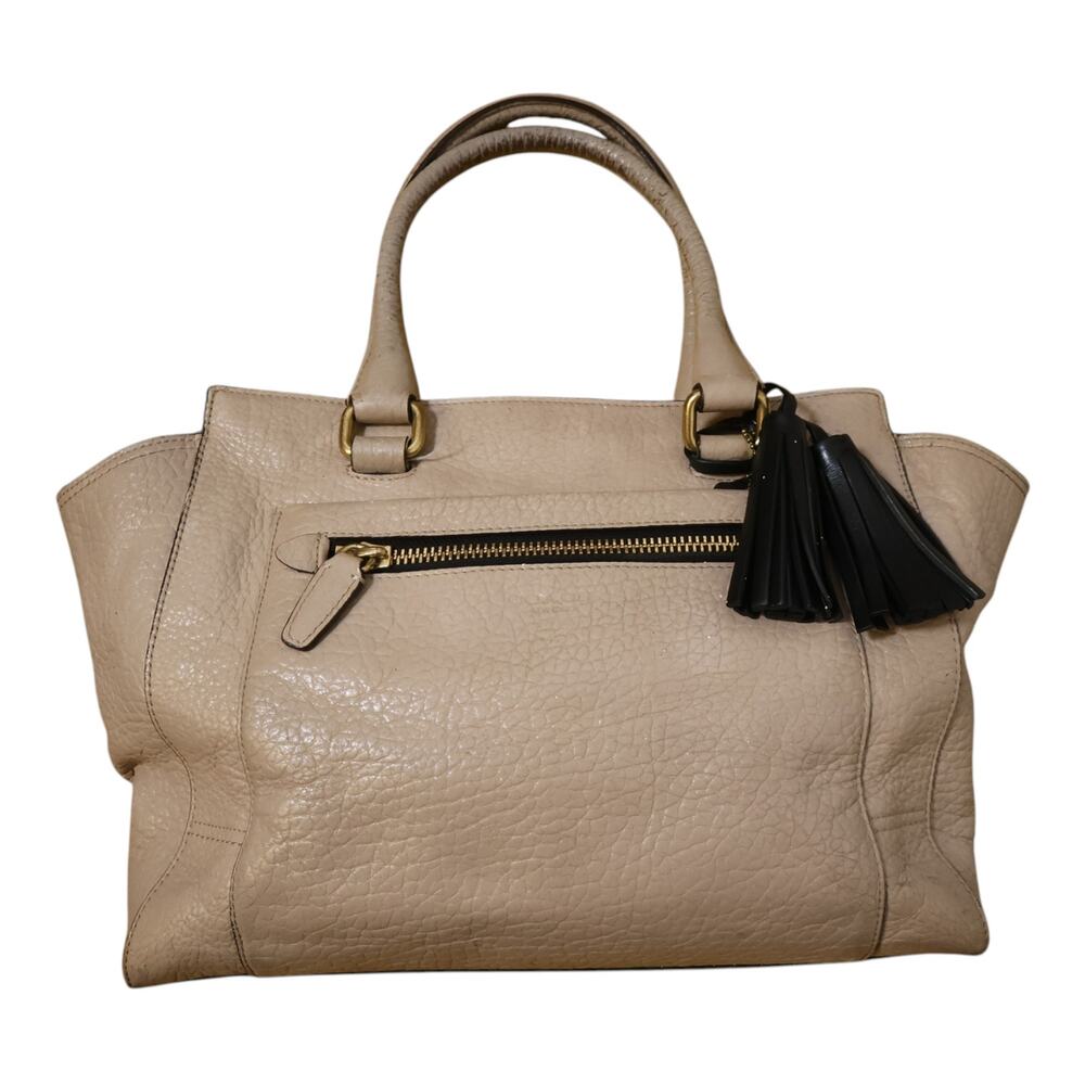 Coach Leather Tote Bag Beige Pebbled Tassel Satchel Shoulder Bag Large Preowned